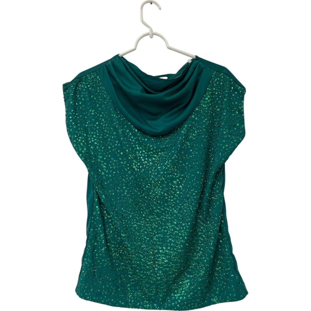 Lady Blair Womens Emerald Blouse Top Sequins Cowl Neck Pullover Short Sleeve‎ 14
